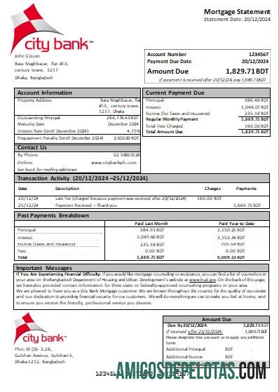 Declaração de hipoteca do banco da cidade de Bangladesh amostra